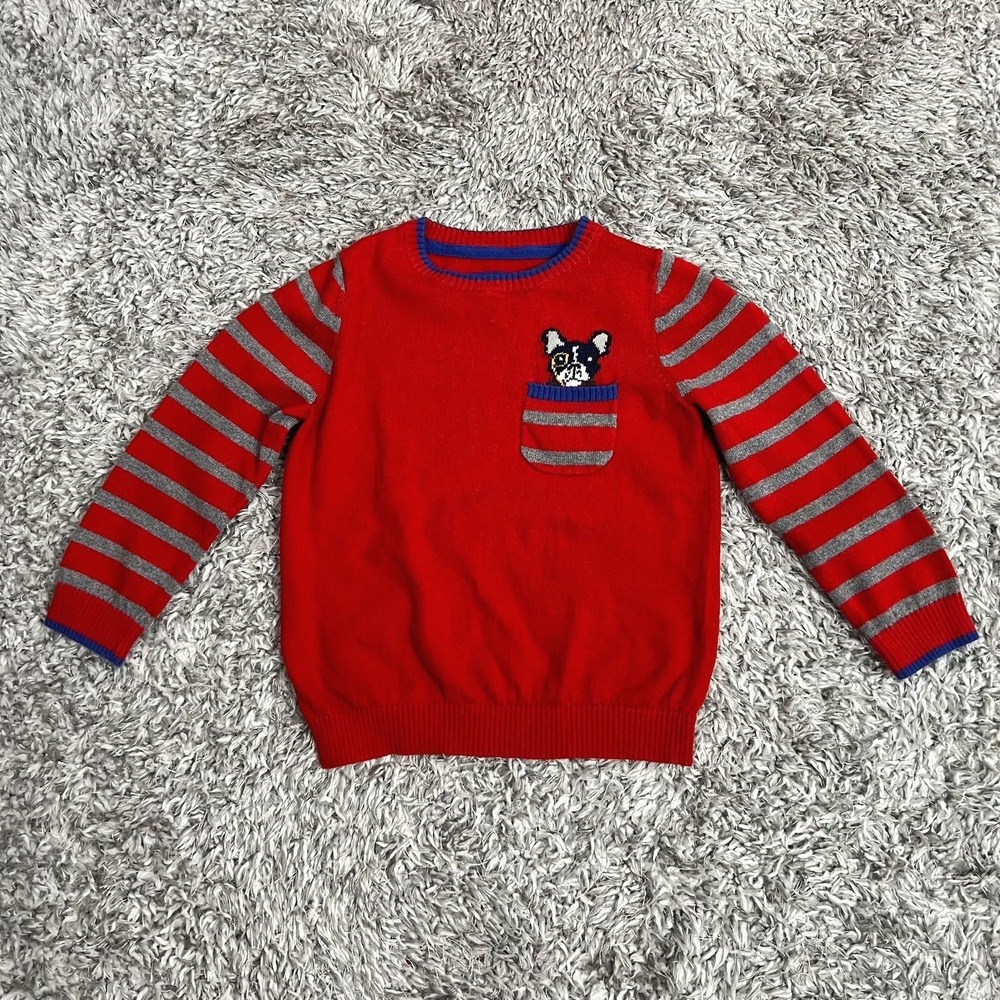 Mini Boden Red Dog Pocket Sweater 3-4Y Cotton Cashmere‎ Stripe Sleeve Knit